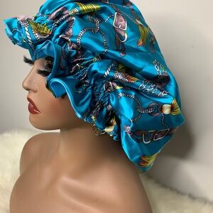 Vibrant Blue Satin Bonnet with Colorful Print